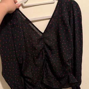 H&M Black V-Neck Blouse with Red Heart Print
